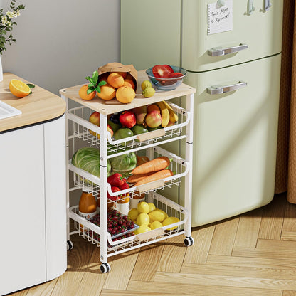 JAQ Slide Out Fruit Vegetable Basket for Kitchen, 4-Tier Rolling Storage Cart with Wooden Handle & Top, Metal Wire Produce Rack for Pantry Organization, Onion Potato Storage Bins for Small Space,White