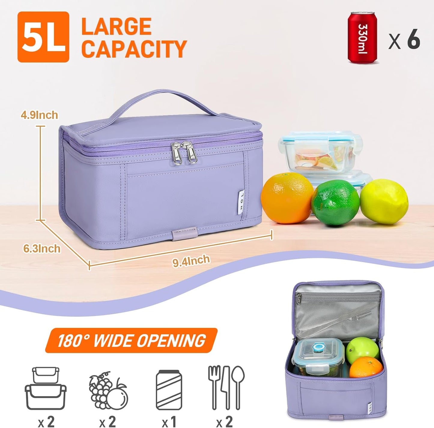 NOL Mini Insulated Lunch Bag for Women Men Kids | Small Leakproof Reusable Lunch Tote | Fits 6 Cans 330ml | Thermal Cooler for Work School Picnic Camping, Navy blue