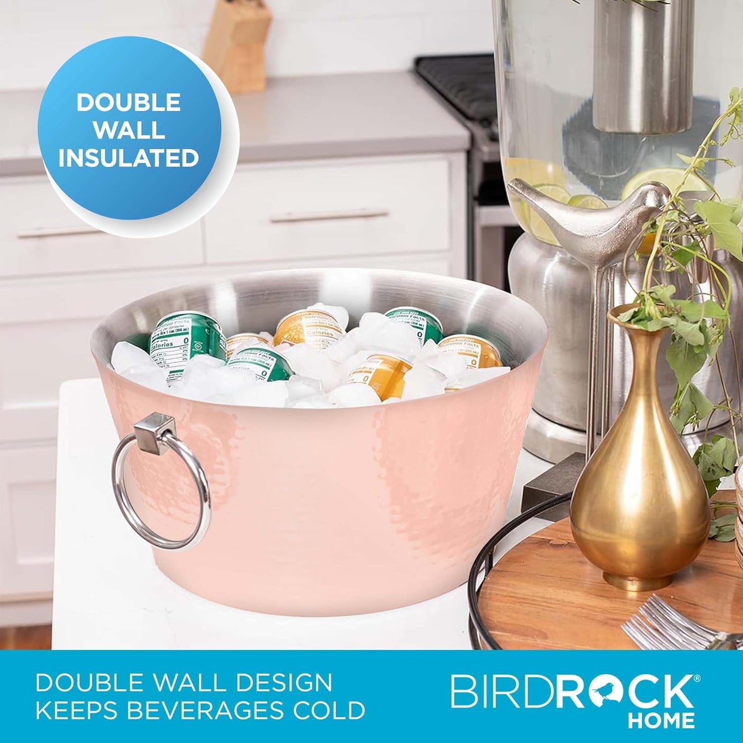 BIRDROCK HOME Hammered Stainless Steel Round Beverage Tub with Handles - Double Wall Insulated 3 Gallons - Metal Drink Cooler & Ice Bucket for Parties - Outdoor Aluminum Holder for Bottles & Soda