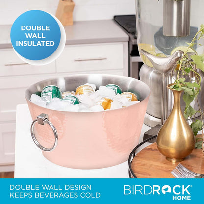 BIRDROCK HOME Hammered Stainless Steel Round Beverage Tub with Handles - Double Wall Insulated 3 Gallons - Metal Drink Cooler & Ice Bucket for Parties - Outdoor Aluminum Holder for Bottles & Soda