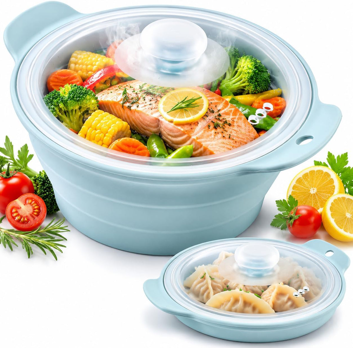 42oz Silicone Microwave Steamer, Collapsible Vegetable Steamer, Heat-Resistant Cooker with Steam Holes for Cooking Fresh & Frozen Vegetables Dumplings Steamed Buns