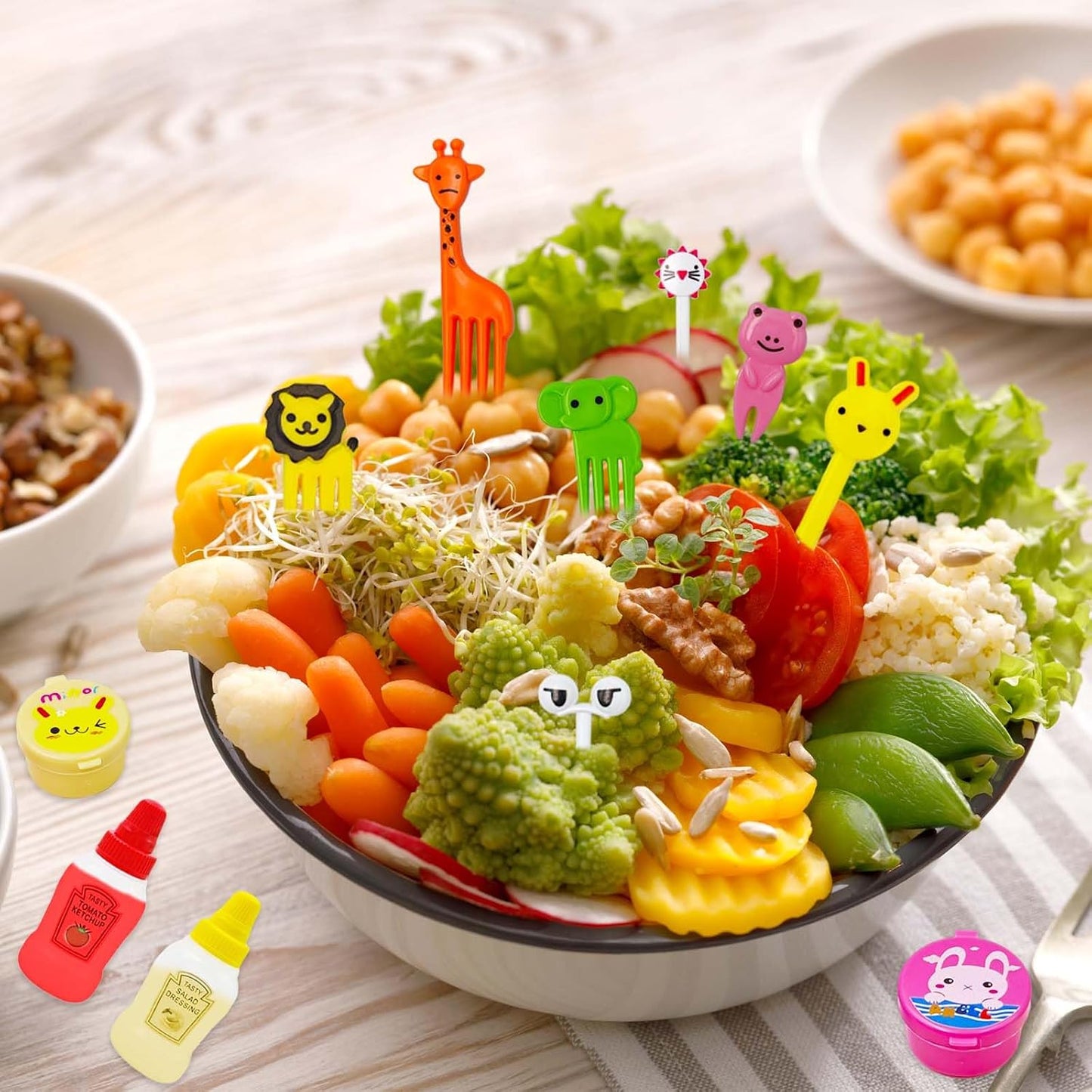 55 Pack Bento Box Accessories Set, Reusable Mini Condiment Bottles, Ketchup Squeeze Bottles & Animal Fruit Food Picks