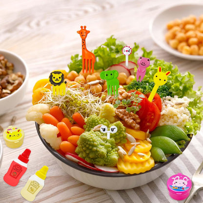 55 Pack Bento Box Accessories Set, Reusable Mini Condiment Bottles, Ketchup Squeeze Bottles & Animal Fruit Food Picks