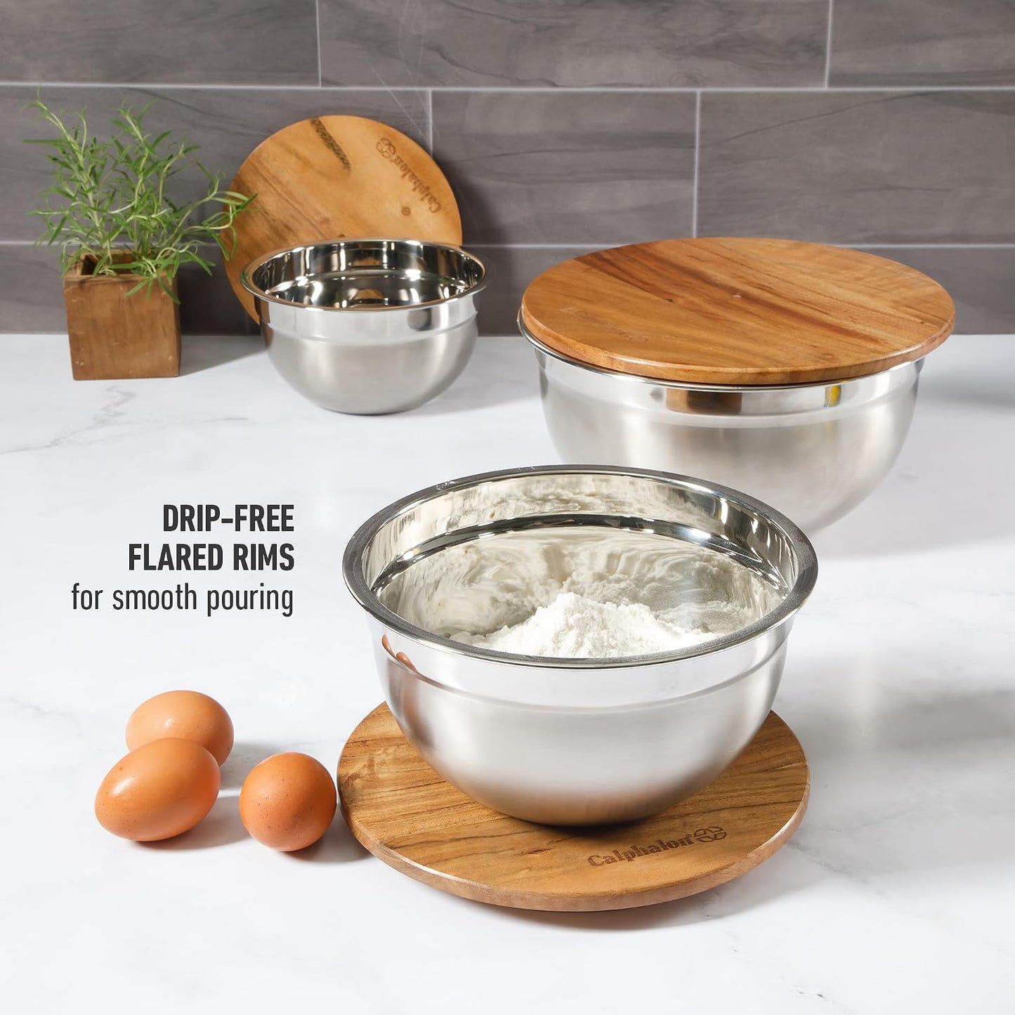 Calphalon Mixing Bowl Set, Stainless Steel Mixing Bowls With Lids, 3-Piece Stainless Steel Mixing Bowls with Glass Lids & Non-Slip Silicone Base, Prep and Storage Bowls Dishwasher Safe