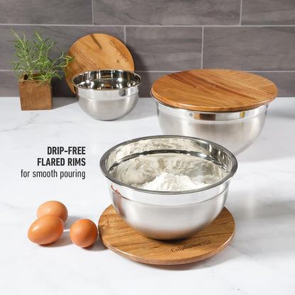 Calphalon Mixing Bowl Set, Stainless Steel Mixing Bowls With Lids, 3-Piece Stainless Steel Mixing Bowls with Glass Lids & Non-Slip Silicone Base, Prep and Storage Bowls Dishwasher Safe