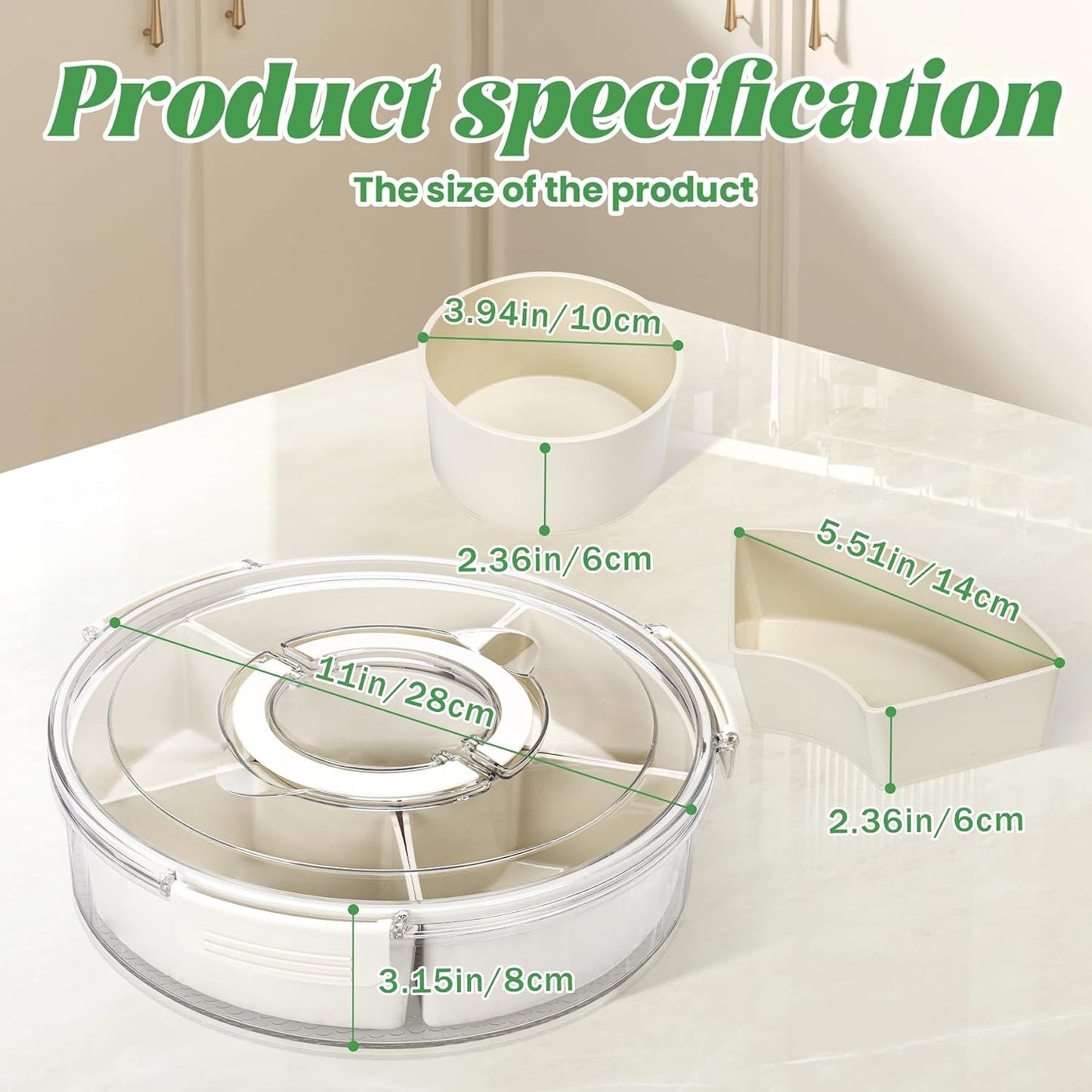 Snackle Box Container Divided Serving Tray with Lid, Handle, Spoon and Fork - Kitchen Portable Spinning Round Stackable Container with 6-Compartment for Veggies, Fruit, Candy, Party, Nuts, Essentials