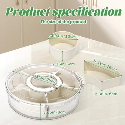 Snackle Box Container Divided Serving Tray with Lid, Handle, Spoon and Fork - Kitchen Portable Spinning Round Stackable Container with 6-Compartment for Veggies, Fruit, Candy, Party, Nuts, Essentials