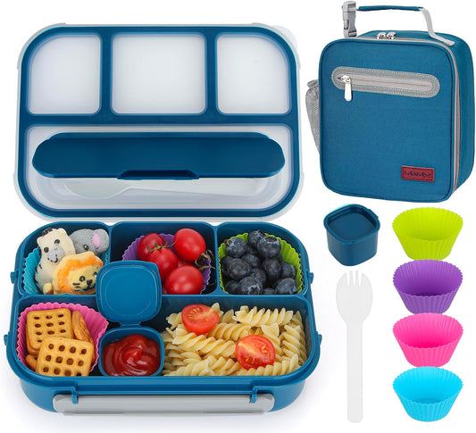 MaMix Bento Lunch Box for Kids, Lunchable Containers for Kids Adults with 4 Compartments + Lunch Bag, with Utensils, Sauce Jar, Muffin Liners (blue set)