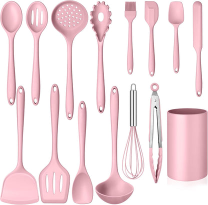 Homikit Silicone Cooking Utensil Set, 15pcs Kitchen Utensils with Holder for Nonstick Cookware, Heat Resistant Nontoxic Silicone Spatula Set Dishwasher Safe Kitchen Tools for Baking-Black