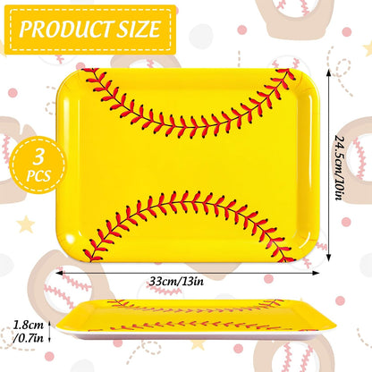 FYSUIMU 3Pcs Softball Serving Trays Reusable Serving Dishes Yellow Sports Ball Platter for Birthday Party Sharing Snacks Fruits Dessert, 13 x 10 Inch
