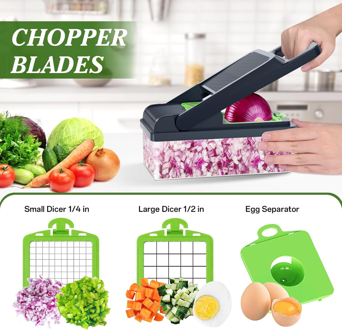 HomeHacks Veggie Chopper Vegetable Cutter, 12 in 1 Kitchen Gadget, Green