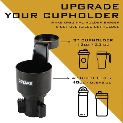2CUPS Car Cup Holder Expander and Attachable Tray, Fits Yeti/Hydroflasks/Nalgene 16-40 oz. Dual Cup Holder with Adjustable Swivel Tray. Organizer Table for car, Truck, Automotive