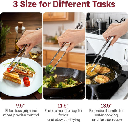 Precision Serrated Non-Slip Tips Cooking Tongs 2 Set (11.5" & 13.5"), 18/8 Stainless Steel Metal Tong, Light but Durable, Easily Control Kitchen Tweezer Tongs for Frying, Plating, BBQ
