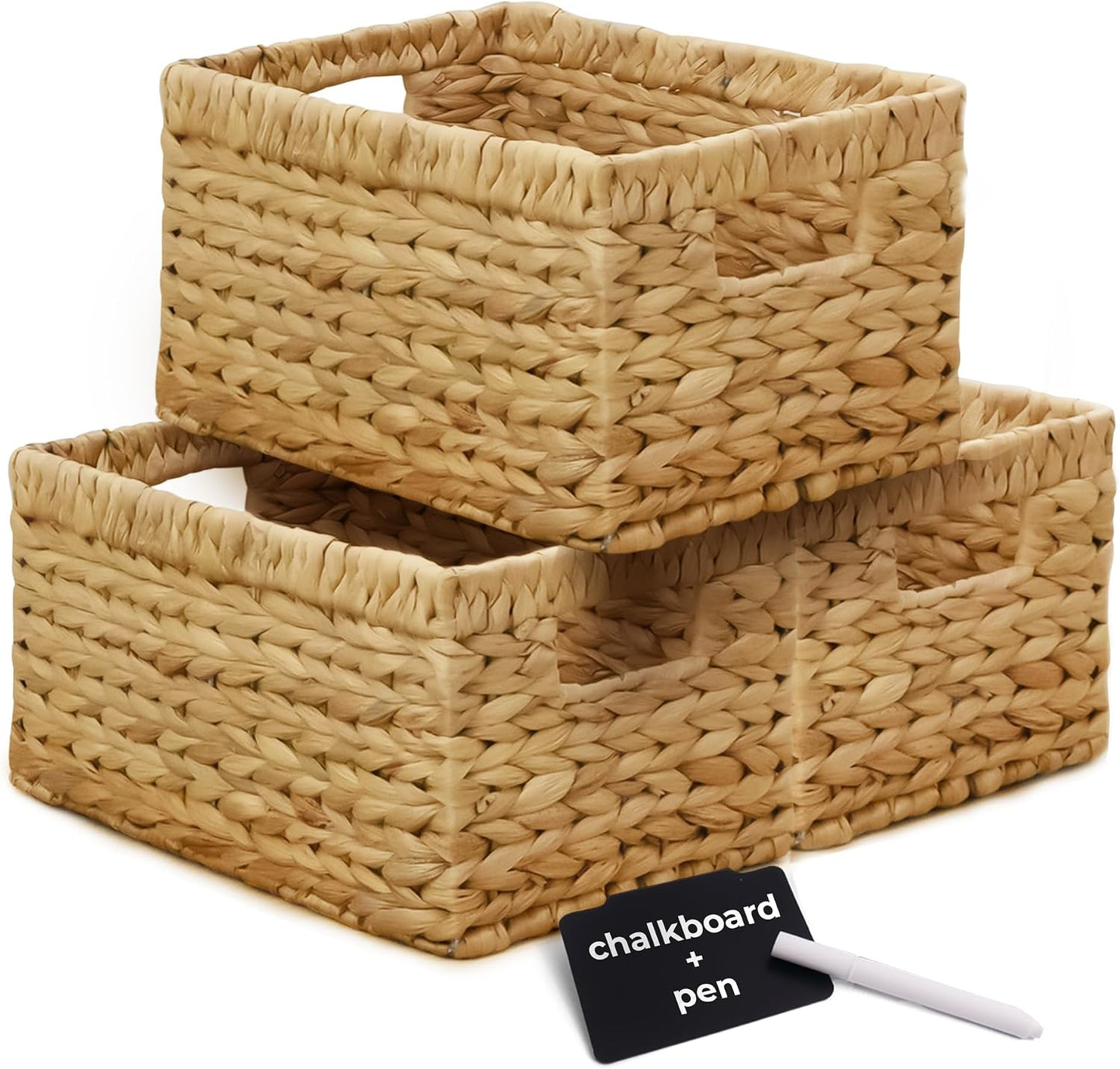 KOKODO Wicker Storage Basket Set of 2, Rectangular Baskets for Shelves with Handles & Chalkboard Labels, Handwoven Water Hyacinth Baskets for Organizing Pantry, Closet & Home.