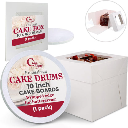 Cakebon Cake Boxes with Drums - 10 Inch Round White Cake Boards/Base para Pasteles (1-Pack) - Caja para Pasteles with Window for Birthdays, Weddings and Parties