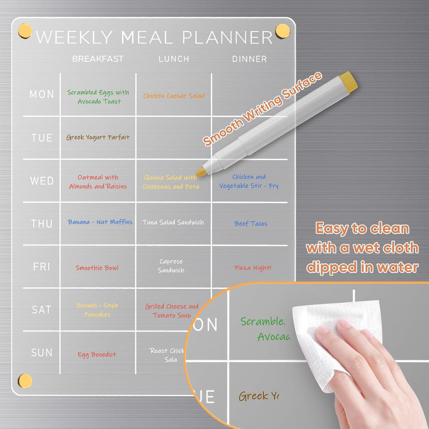 Acrylic Weekly Meal Planner – Clear Magnetic Dry Erase Menu Board for Fridge, Refrigerator Calendar & Grocery List Board