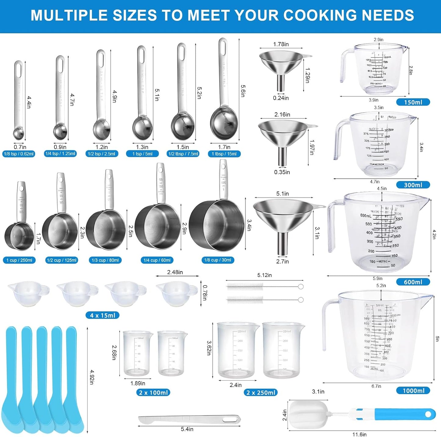 Measuring Cups and Spoons Set 21 Piece, 11 Stainless Steel Nesting Measuring Spoons and Cups with 3 Plastic Measuring Cup, 3 Funnel, 3 Brush, 1 Ruler, Measuring Cup Set for Kitchen Baking Liquid Dry