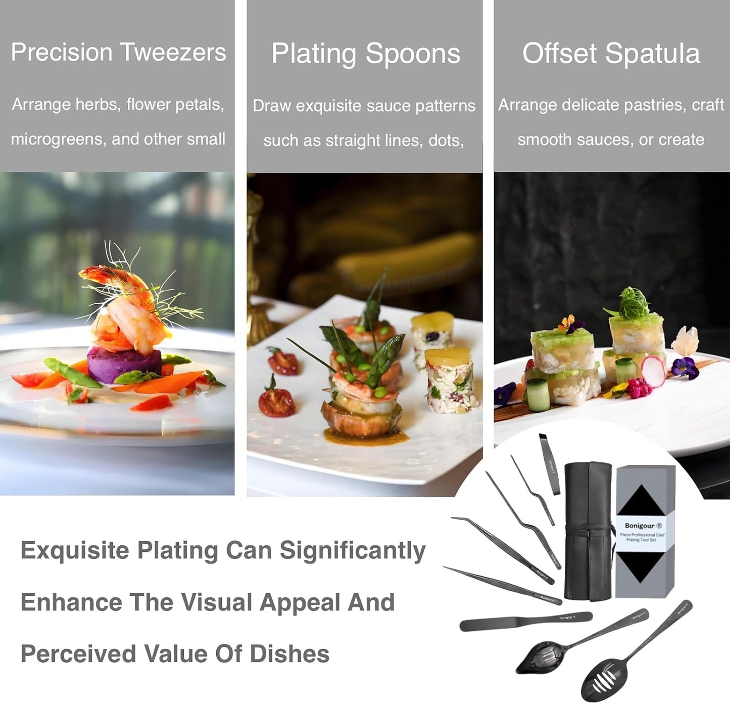Chef Plating Tools,Professional Culinary Plating Tool Set,Chef Garnish Tools Kit,Fish Tweezers,Pastry Spatula,Cake Decorating Tweezers for Molecular Gastronomy (Silver)