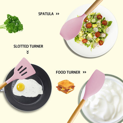 MIBOTE 17 Pcs Silicone Cooking Kitchen Utensils Set with Holder, Wooden Handles Silicone Turner Tongs Spatula Spoon Kitchen Gadgets Utensil Set for Nonstick Cookware (Grey)