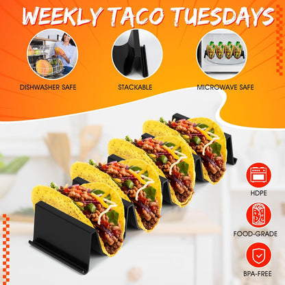 Baderke Taco Holder Stands Set of 8 Black Large Tray Plates Plastics Shell Holder for Taco Tuesday Night Mexican Festival Party Supplies, Dishwasher Microwave Safe