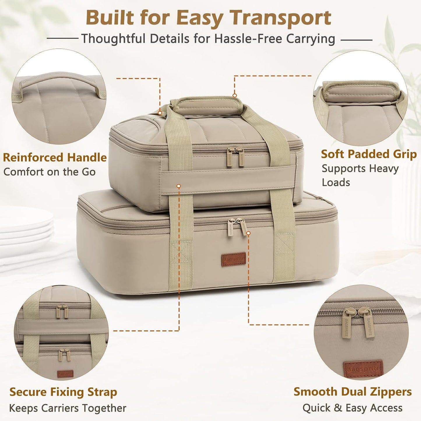 2-Piece Insulated Casserole Carrier Set, Fits 9" x 13" Baking Dish, Food Transport Carrier for Hot & Cold Dishes, Reusable Potluck Tote for Thanksgiving, Holiday Parties, Family Gatherings & Travel