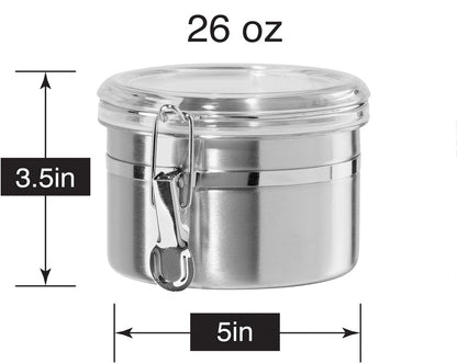 Oggi Stainless Steel Kitchen Canister 62 fl oz - Airtight Clamp Lid, Clear See-Thru Top - Ideal for Kitchen Storage, Food Storage, Pantry Storage. Large Size 5" x 7.5".