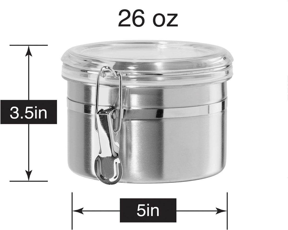 Oggi Stainless Steel Kitchen Canister 62 fl oz - Airtight Clamp Lid, Clear See-Thru Top - Ideal for Kitchen Storage, Food Storage, Pantry Storage. Large Size 5" x 7.5".