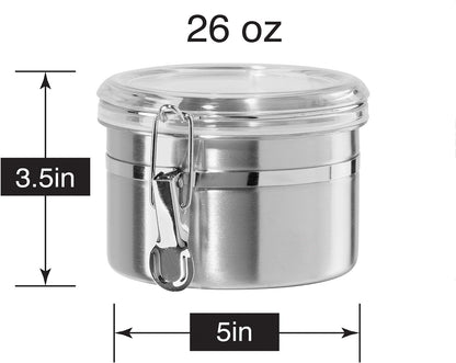 Oggi Stainless Steel Kitchen Canister 62 fl oz - Airtight Clamp Lid, Clear See-Thru Top - Ideal for Kitchen Storage, Food Storage, Pantry Storage. Large Size 5" x 7.5".