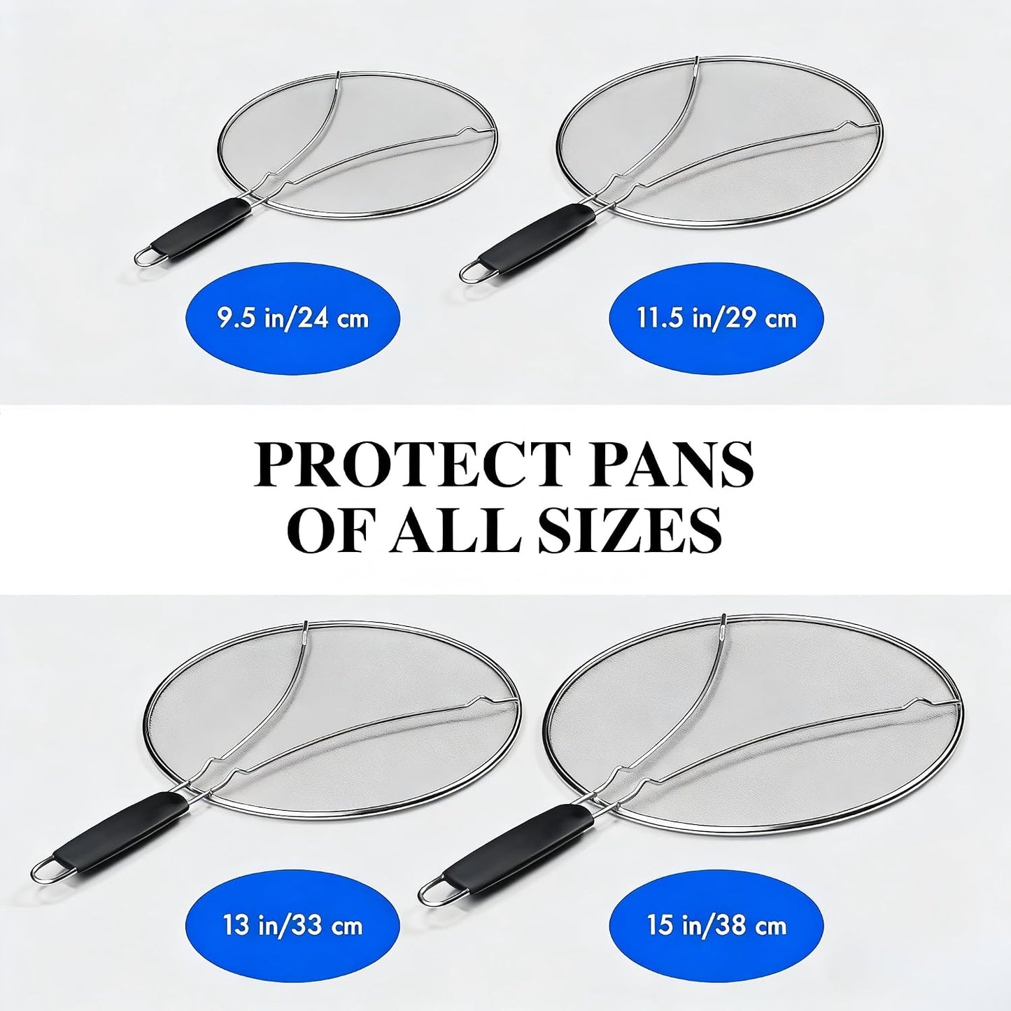 Premium Stainless Steel Grease Splatter Screen for Frying Pans & Cooking Pots, Fine Mesh Oil Splatter Guard with Comfort Grip Handles, 3 Size Set (9.5/11.5/13 Inches) (9.5/11.5inches)