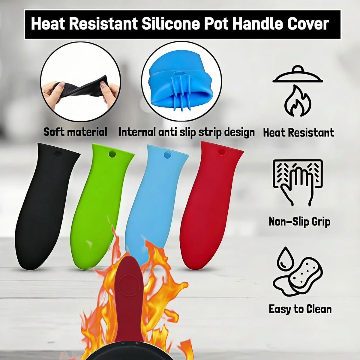 Silicone Hot Handle Covers for Cast Iron Skillet, Pan and Pot, Heat Resistant up to 446°F, 4 Colors, Set of 4