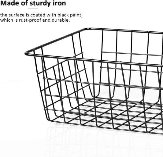 Metal Wire Baskets, Dveda 6 Pack 11.02" x 8.7" x 4.7" Durable Metal Storage Basket, Black Wire Basket with Handles for Cabinets, Pantry Storage, Bathroom, Shelf Organizing