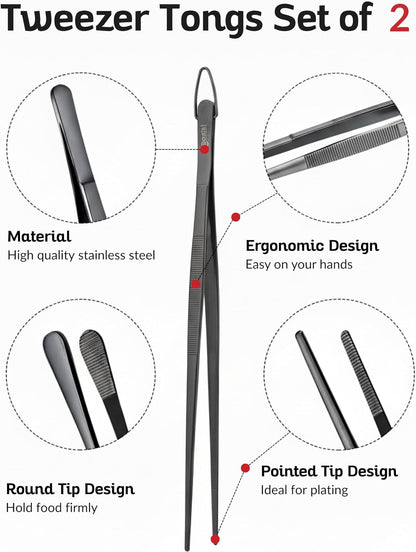Tweezer Tongs Set of 2 – Boxiki Kitchen 430 Stainless Steel Cooking Tweezers, Long Chef Tweezers for Plating, Grilling, Baking, Pasta, Food Handling, Cake Decorating & Culinary Use