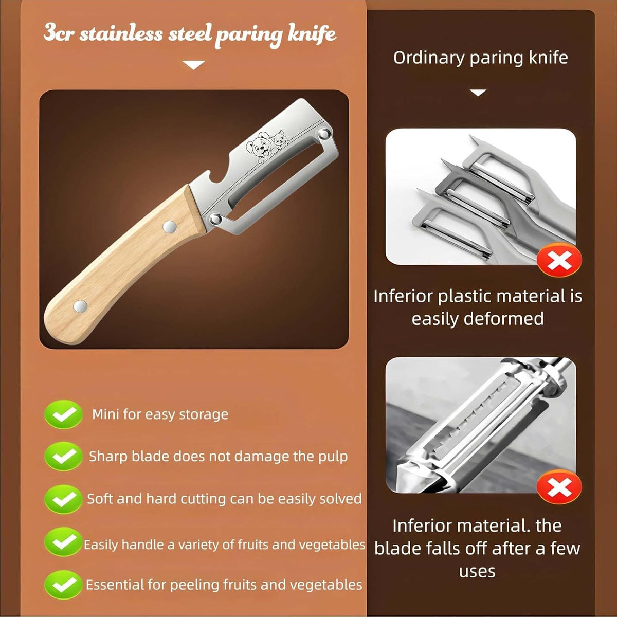 Vegetable Peeler Wooden Handle Sharp Steel Blade with Bottle Opener