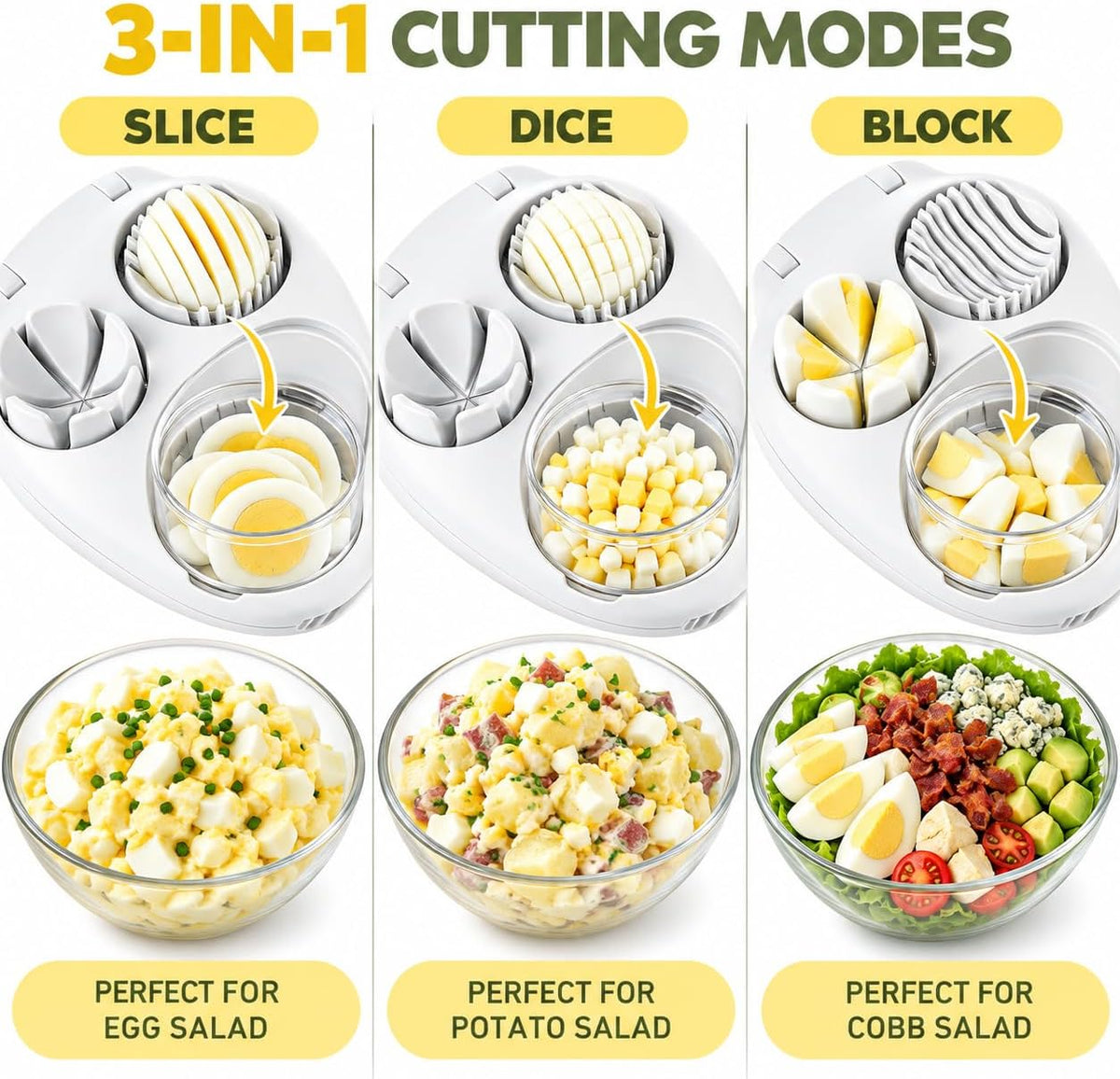 3 In 1 Egg Slicer for Hard Boiled Eggs,3 Slice Modes Egg Cutter,Stainless Steel Dicer for Strawberry Mushroom Grape Cherry, Multifunctional Food Cutter Slicer for Home Kitchen Chopper Gadgets (White)