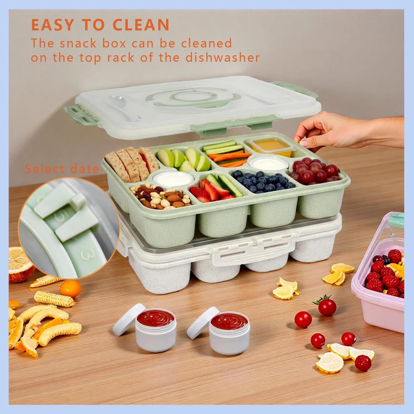 Snackle Box Container/Snack Box with Lid & Handle - Divided Serving Tray for Charcuterie Board, Fruit, Candy & Veggies - Snack Containers for Travel, Picnic & Road Trip, Wheat Straw, 2pcs