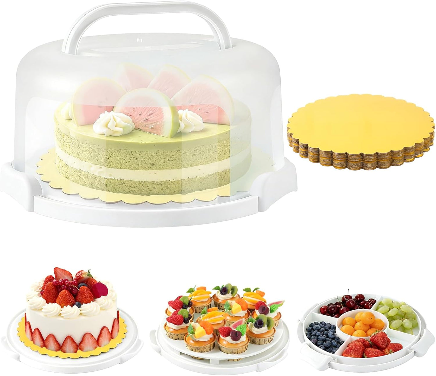 10 Inch Cake Carrier with Lid and Handle, Round Cake Container Cake Cover with 10 Inch Cake Boards & Cupcake Carrier, Portable Cake Holder with Lid for Transport Pie Nuts Fruit, Green