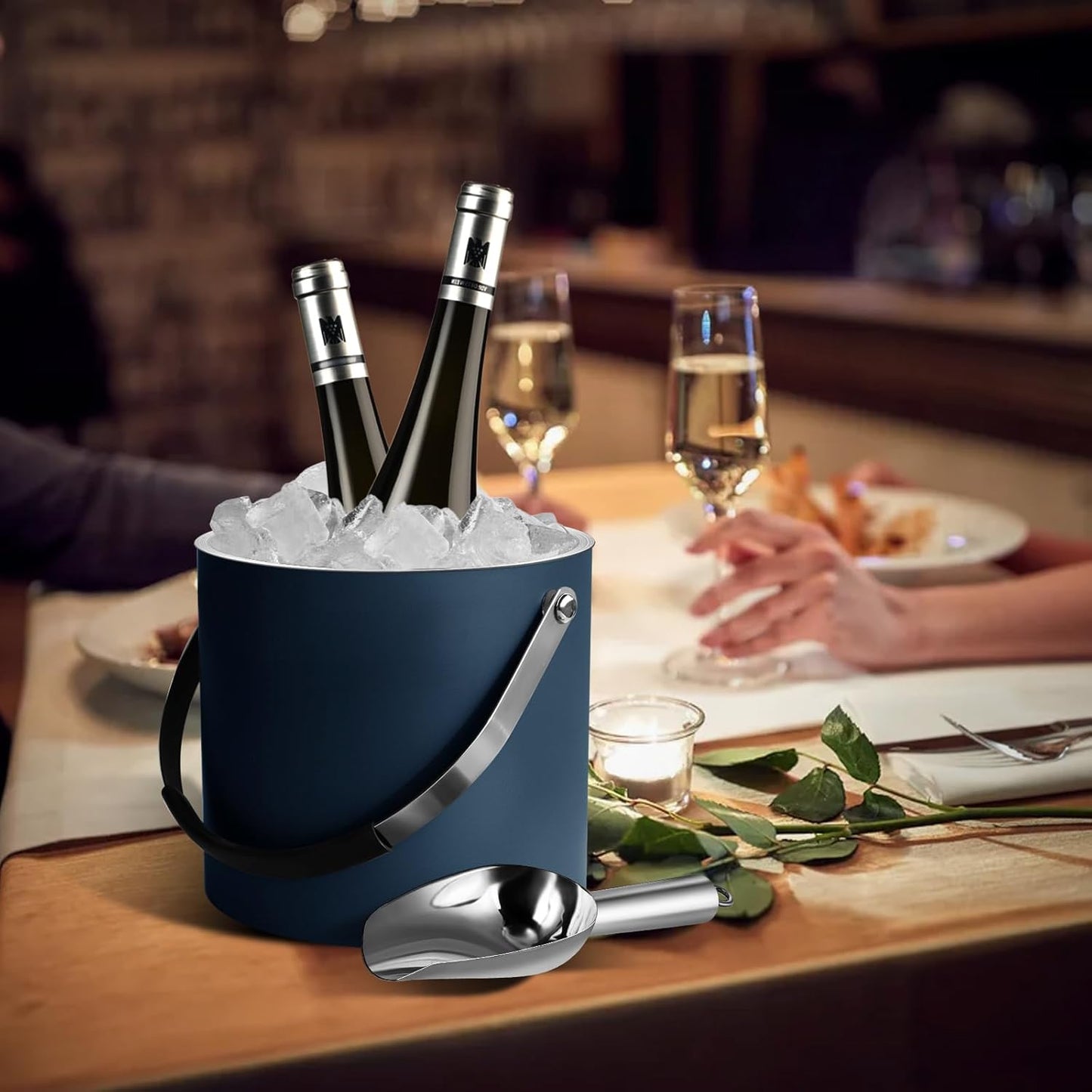 Bakpoco Insulated Ice Bucket with Silicone Lid, Scoop, Tongs & Strainer, 3L Stainless Steel Double Wall Ice Buckets for Parties & Cocktail Bar, Champagne Ice Bucket with Lid for Freezer, Ivory