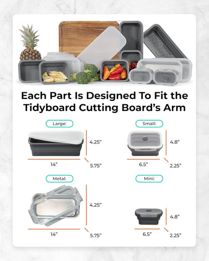 TidyBoard Meal Prep System Starter - Over-the-Sink Smart Chopping Board with 1 Large Strainer, Tubs, & Lids - 1” Thick Acacia Wood Cutting Board with Containers & Strainer, 12 pieces