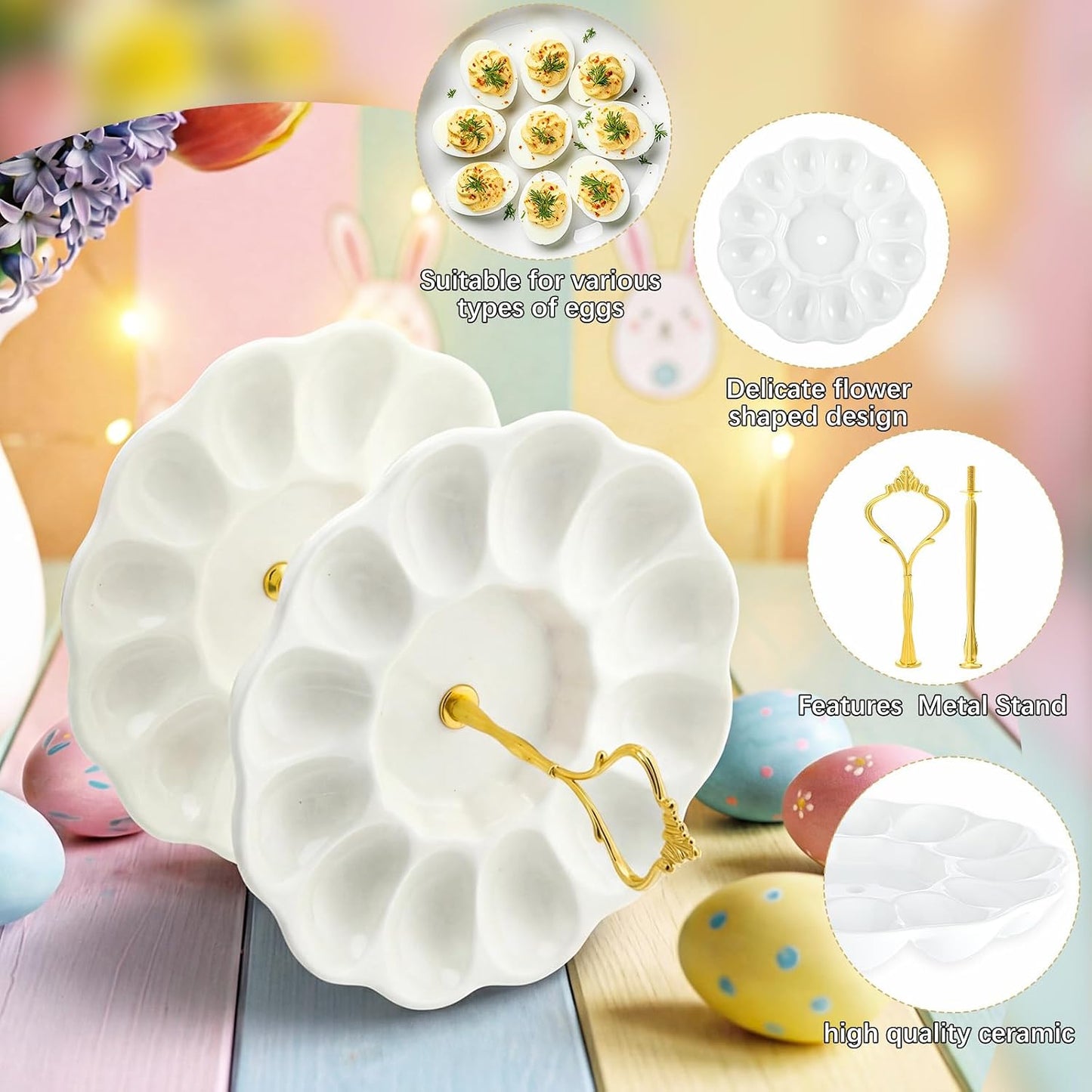 Potchen Multi Tier Ceramic Deviled Egg Platter Deviled Egg Tray Container, Detachable Eggs Holder Tower Wedding Party Food Container for Kitchen Countertop Microwave Dishwasher Freezer(Flower,3 Tier)