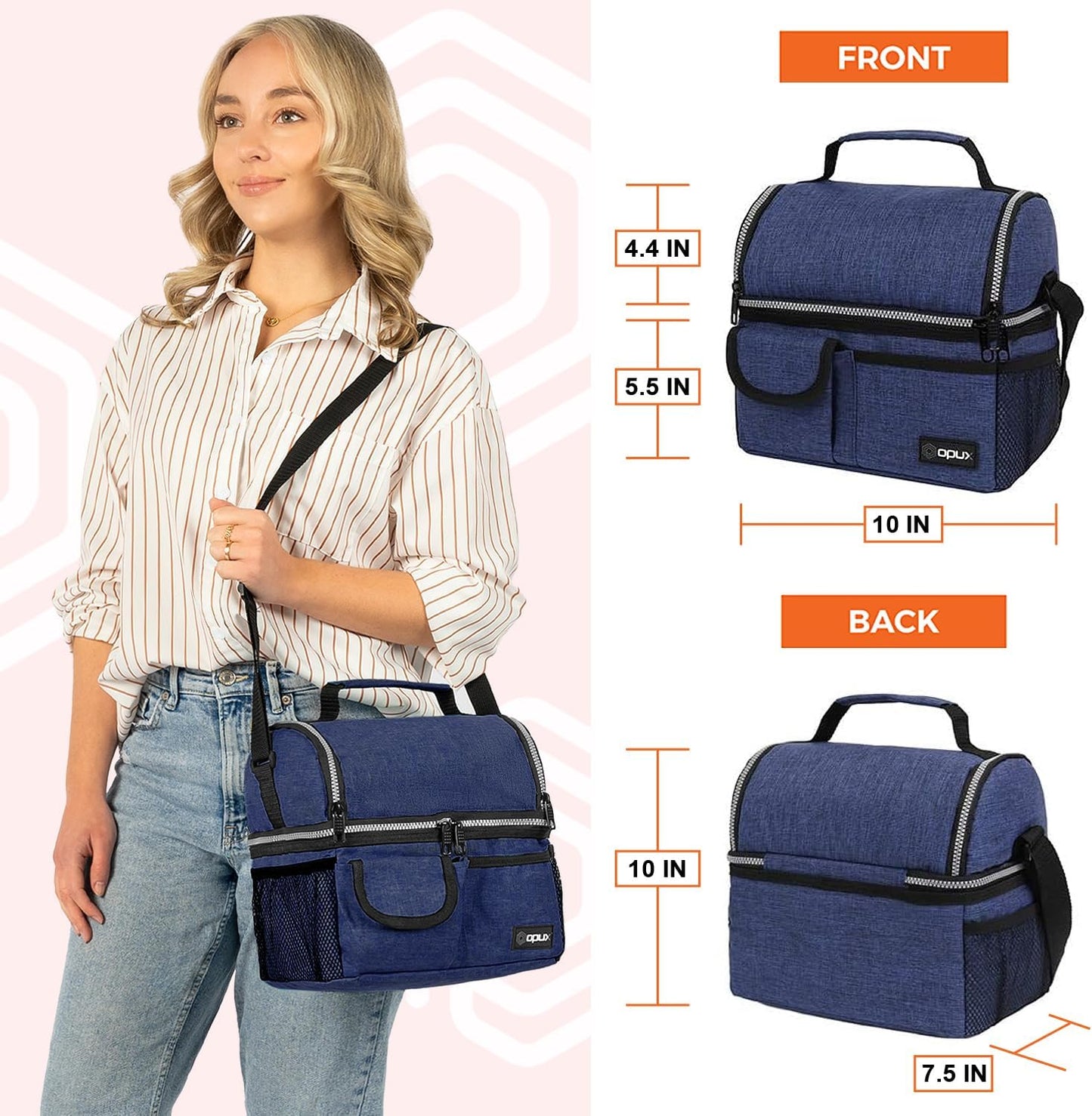 opux Insulated Lunch Bag Women Men, Dual Compartment Leakproof Lunch Box Adults Kids, Double Decker Meal Prep Bento Lunch Cooler Tote with Shoulder Strap for Work Office School Travel, Floral Purple