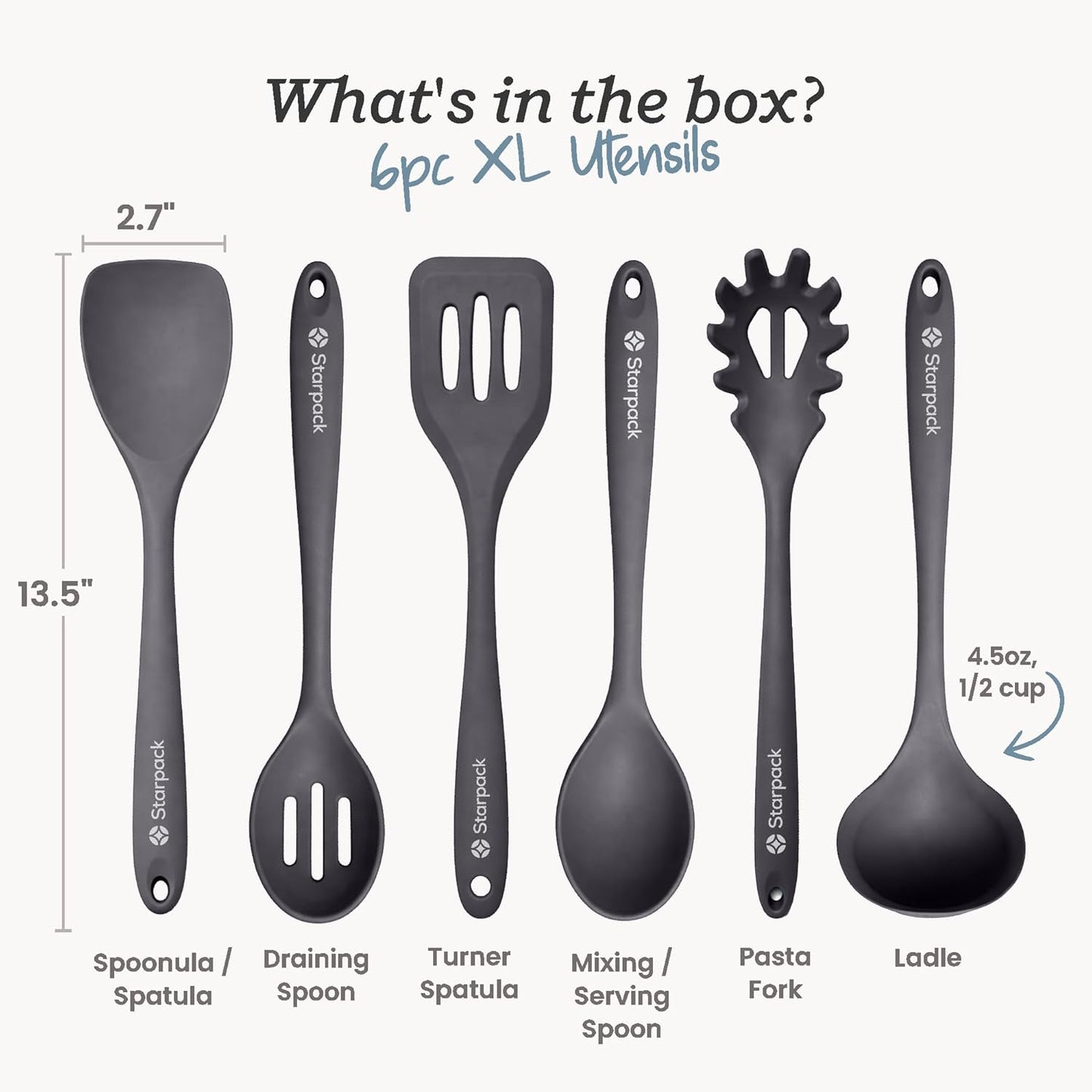 Starpack Like a Boss XL Silicone Cooking Utensils Set (6-Piece, 13.5") - LFGB Certified, 600°F Heat Resistant, BPA-Free - Heavy-Duty Steel Core, Dishwasher Safe - for Nonstick Cookware, Sage Green