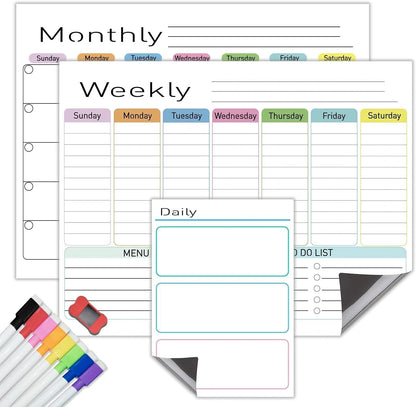 Hivillexun Black Magnetic Dry Erase Calendar for Fridge - 3 Pack Monthly, Weekly & Daily Planner Set (14"x11"), Includes 8 Neon Ultra-Fine Tip Markers & Large Eraser, Reusable Whiteboard for Kitchen