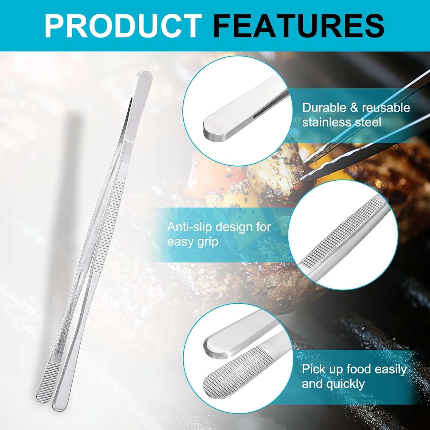 uxcell 2Pcs Kitchen Tweezers Stainless Steel, 8 Inch Food Tongs Fine Cooking Tweezers Set Extra-Long Tweezer Tongs for Cooking Grill Baking BBQ, Silver Straight Clip