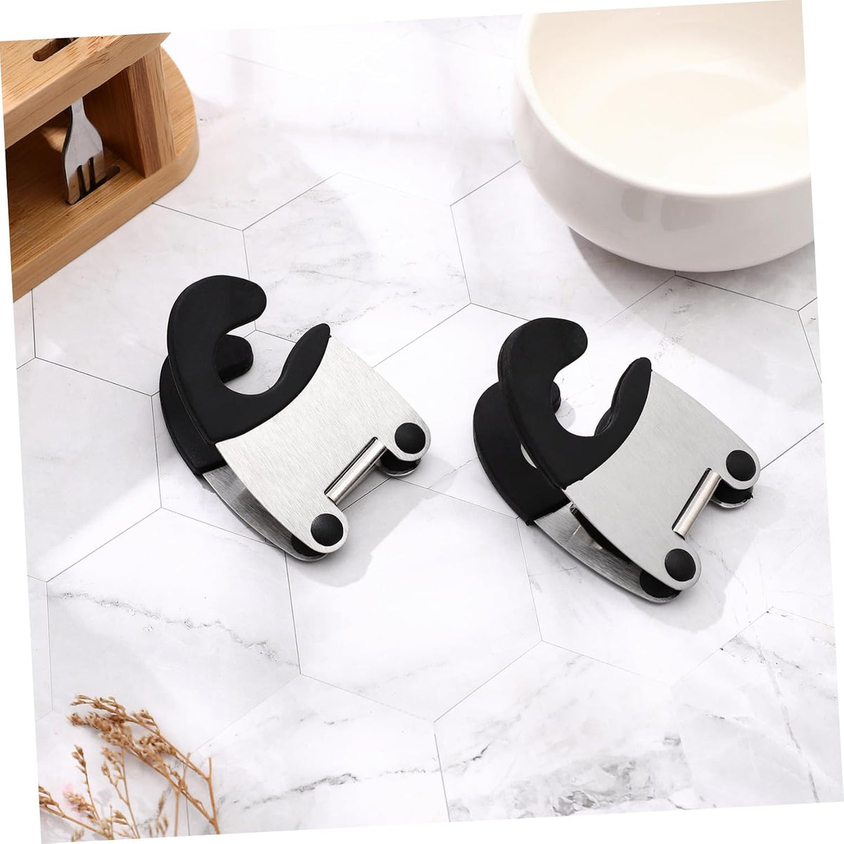 2pcs Stainless Steel Pot Clips Spoon Rest Holder Black