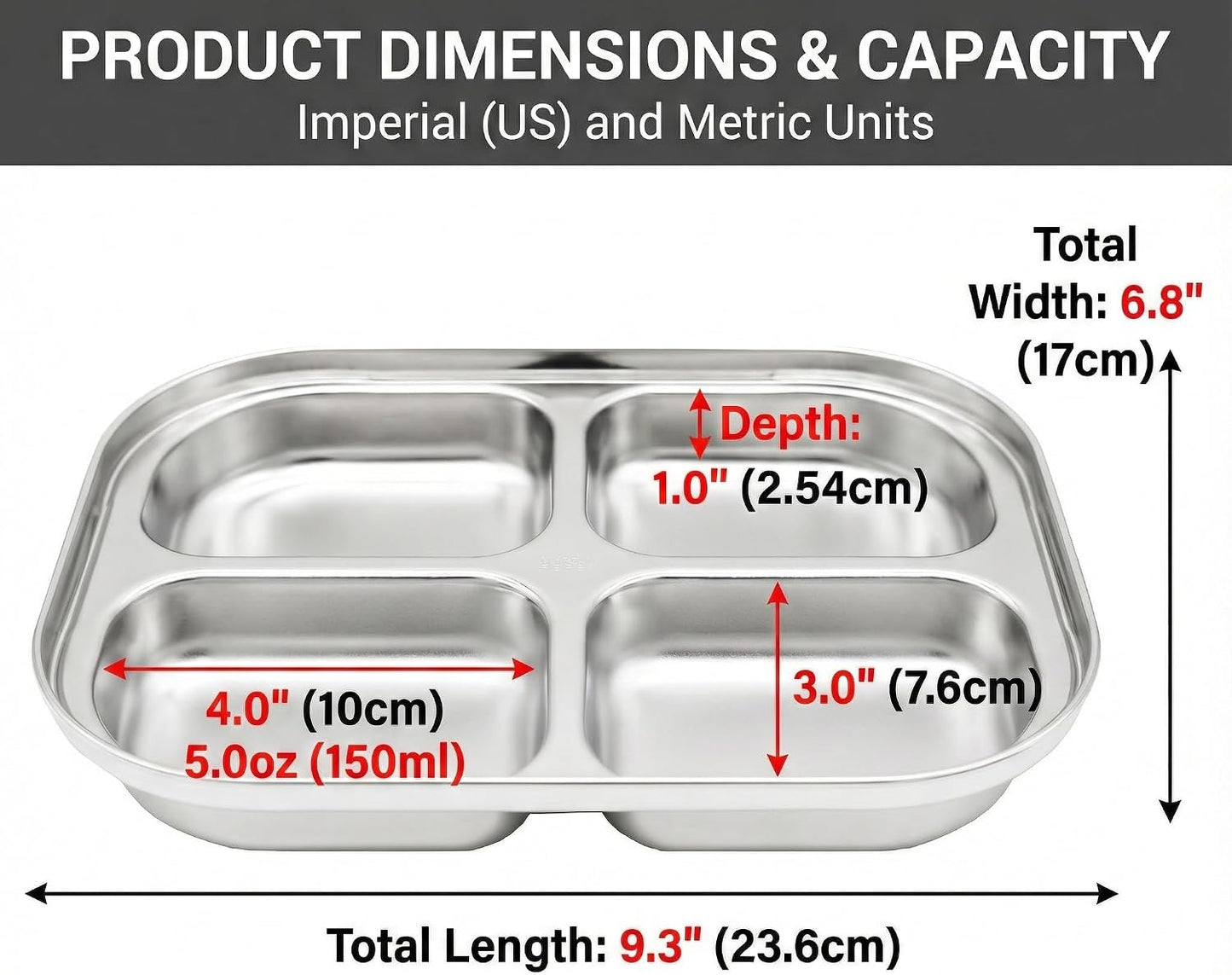 Korean Stainless Steel Divided Plates for Adults, Teens, Premium 304, Electro-Polished, No Black Residue, BPA-Free, Large 5-Compartment Food Tray, Diet Portion Control, Camping, Set of 2