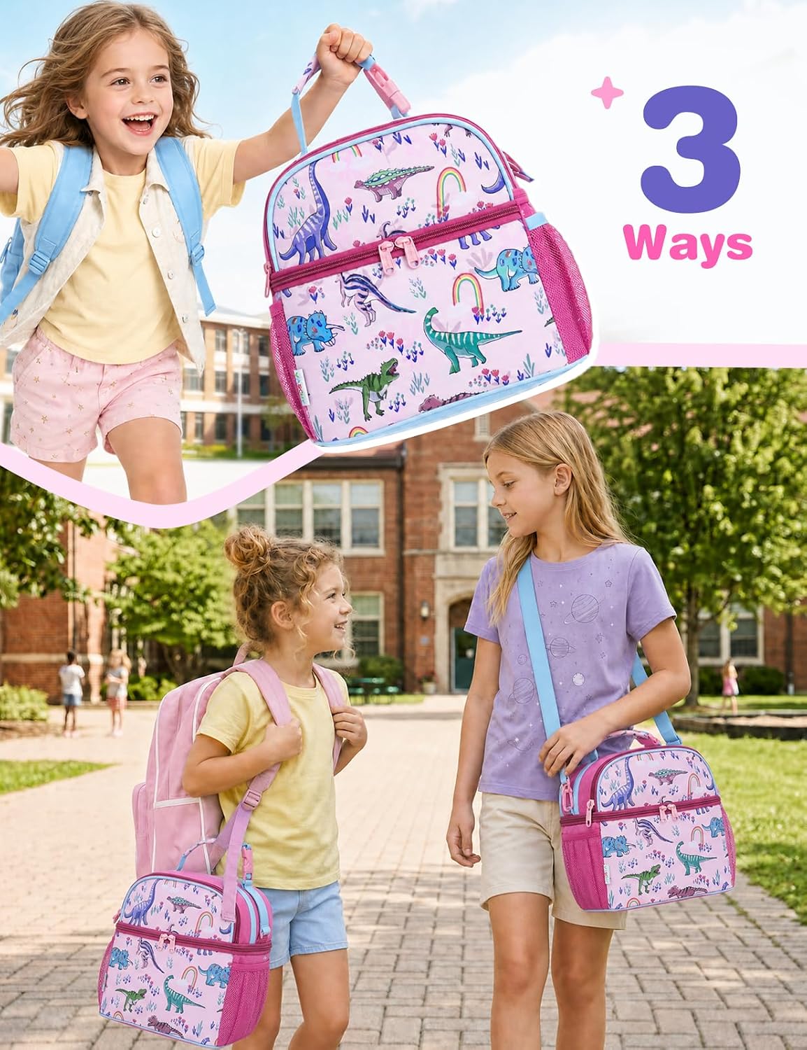 VASCHY Lunch Box Bag for Kids, Insulated Double Compartments Cooler Lunch Tote for Toddlers Boys Girls School/Daycare/Picnic Black Dinos