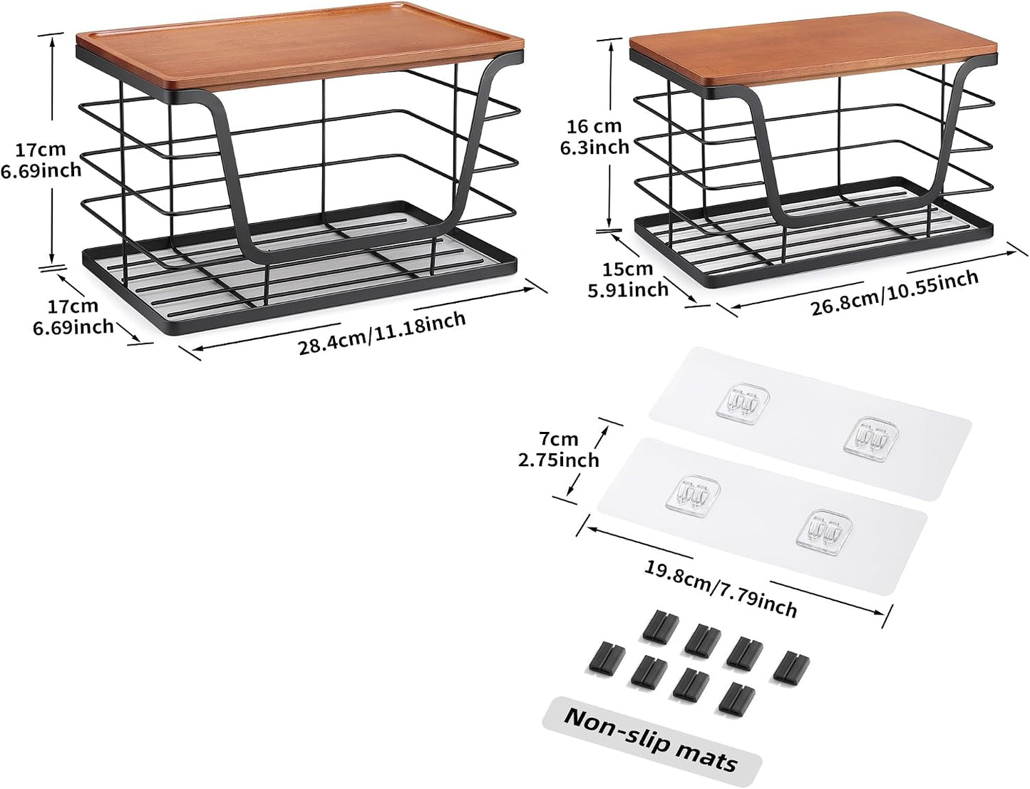 ALOCEO 2 Pack Stackable Wire Storage Basket with Bamboo Lid, Trash Bag Dispenser Under Sink for 4-13 Gal Bags, Kitchen Storage Bins for Potato and Onion, Brown