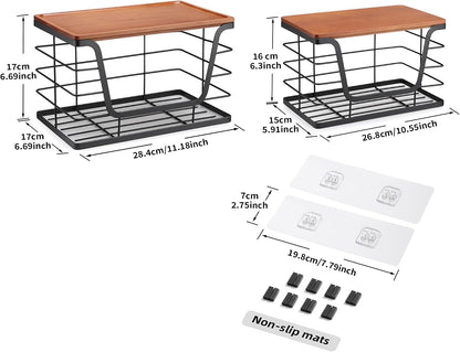 ALOCEO 2 Pack Stackable Wire Storage Basket with Bamboo Lid, Trash Bag Dispenser Under Sink for 4-13 Gal Bags, Kitchen Storage Bins for Potato and Onion, Brown