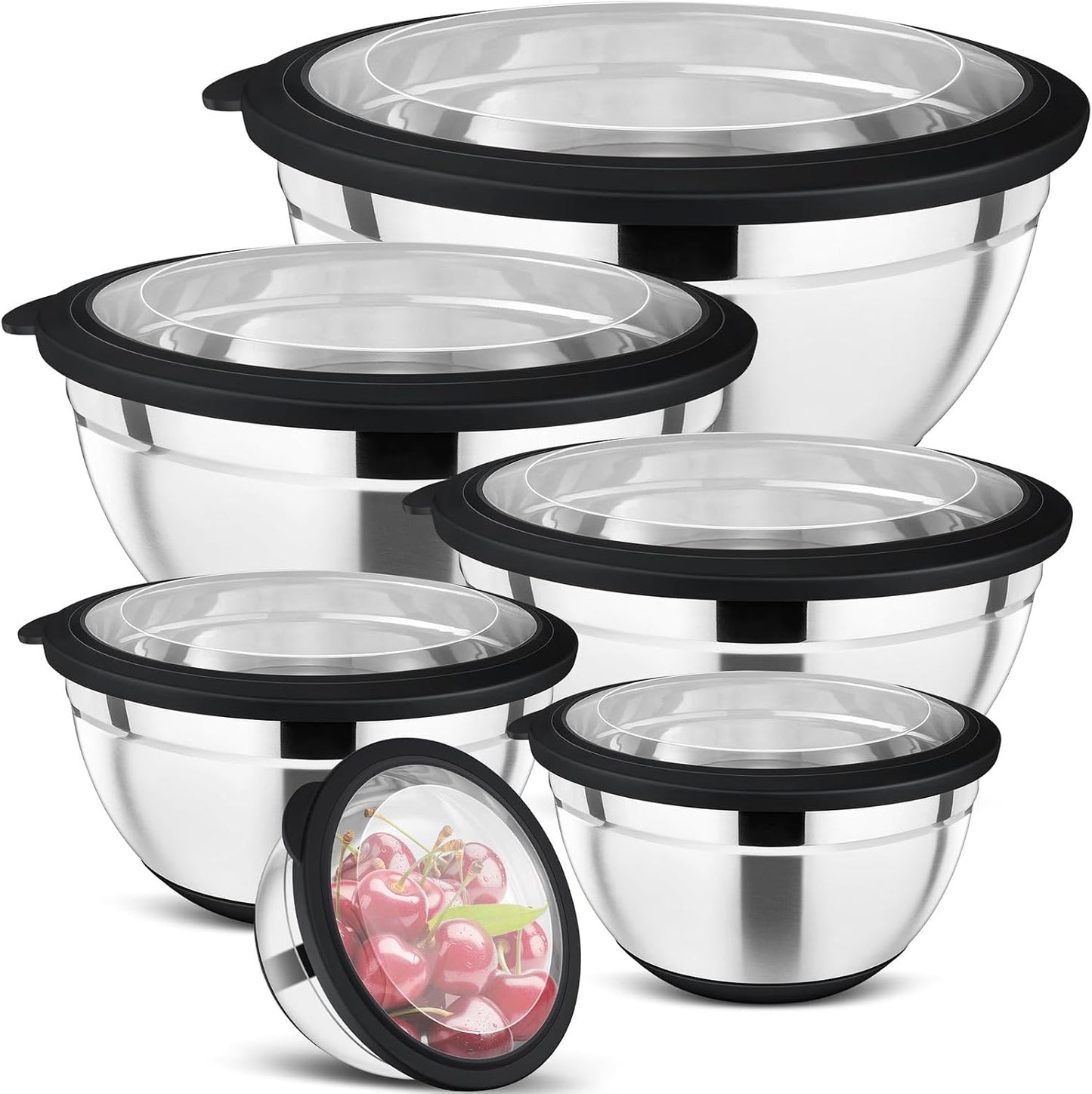 P&P CHEF Khaki Mixing Bowls Set of 6, Stainless Steel Mixing Bowl with Visible Lids for Salad, Metal Nesting Serving Bowls for Kitchen Cooking Prepping Storing Food, 4.6/3.5/2.6/2/1.5/1 QT