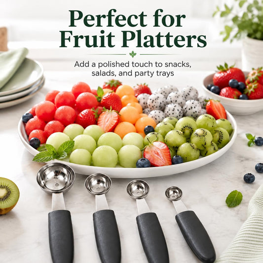 Stainless Steel Melon Baller Scoop: 4pcs Fruit Ice Cream Baller with Comfortable Grip Handle Round Melon Balls Scooper for Watermelon Ice Cream Fruits